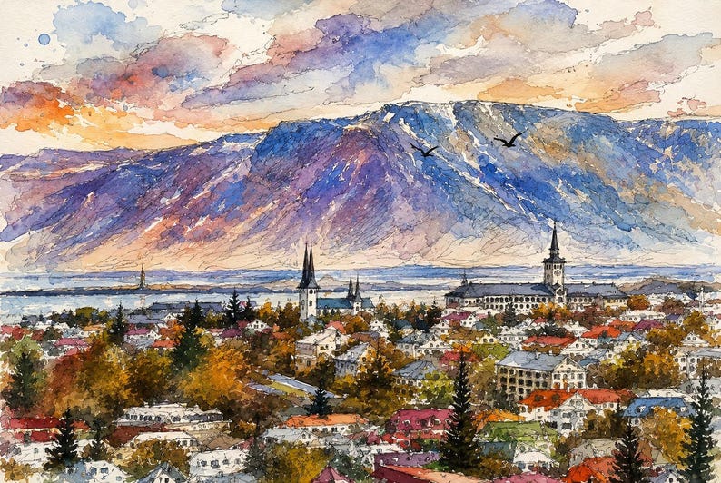 May include: Watercolor painting of a cityscape with a mountain backdrop. The artwork features a town with buildings and trees in autumn colors. The sky has a mix of orange, pink, and blue hues, with two birds flying above the mountain.