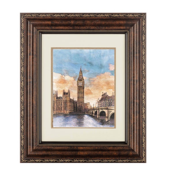 Big Ben Print of Watercolor ( London, England capturing the Clocktower and Historic Architecture at Sunset) Framed Bonze Ornate with Mat