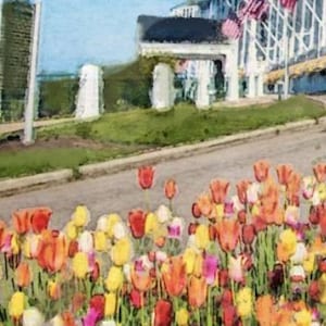 May include: A vibrant flower bed with a variety of colorful tulips in shades of red, orange, yellow, and pink. The tulips are in full bloom and create a beautiful display of color.