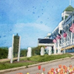 May include: A watercolor painting of a white building with red, white, and blue flags hanging from the side. The building is surrounded by green grass and a few trees. There are tulips in the foreground.