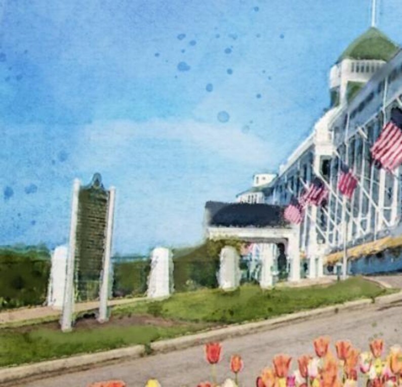 May include: A watercolor painting of a white building with red, white, and blue flags hanging from the side. The building is surrounded by green grass and a few trees. There are tulips in the foreground.