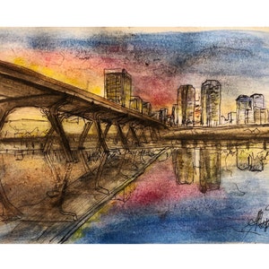 Hand painted watercolor RVA Skyline Across the James River (Richmond Virginia) Print *va is for lovers, VCU, architecture sunset, unique*