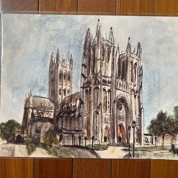 Discounted Fine Art Print of the National Cathedral in Washington DC.  Print of hand painted with architectural details great gift