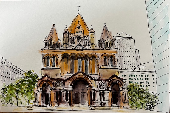 Buy Trinity Church Copley Square Boston MA hand Sketch of the