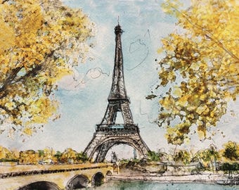 The Eiffel Tower, Paris France (ink sketch and watercolor painting of historic Parisian Architecture- Europe inspired art) *print*