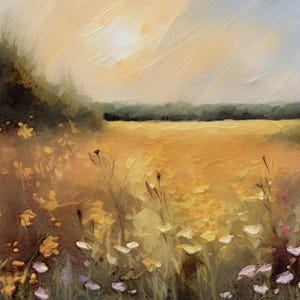 May include: A painting of a field of wildflowers in a golden field with a forest in the background. The sky is a soft blue with white clouds.
