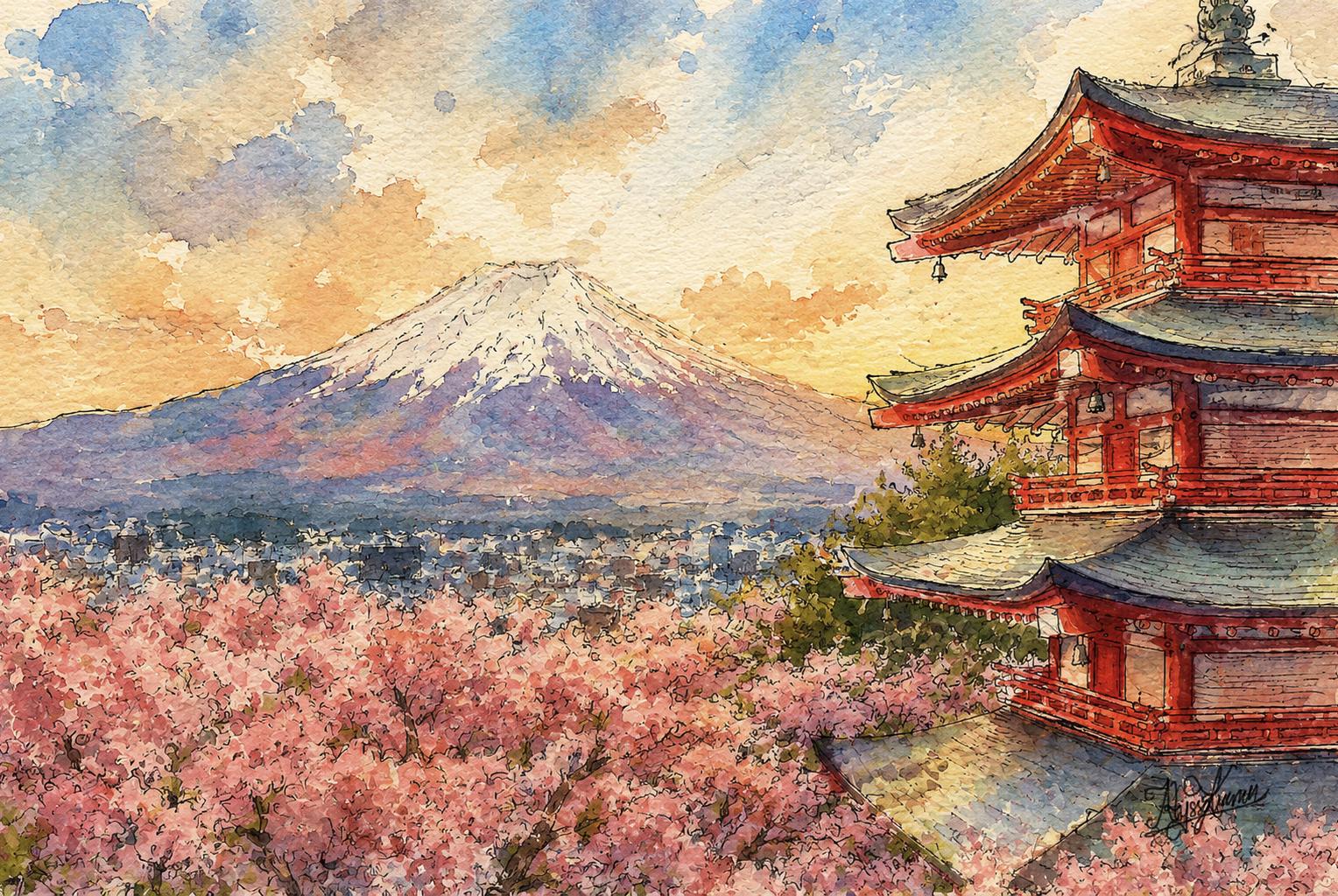 Mount Fuji Japan Watercolor Artwork | Cherry Blossom Sakura Wall