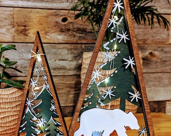 Handcrafted Winter Wildlife Triptych - Wooden Illuminated Forest Scene with Fox, Deer, or Polar Bear