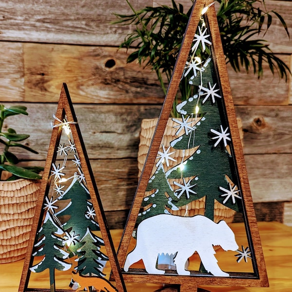 Handcrafted Winter Wildlife Triptych - Wooden Illuminated Forest Scene with Fox, Deer, or Polar Bear