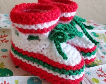 Christmas Handmade Baby Booties with green laces, 0-6 months