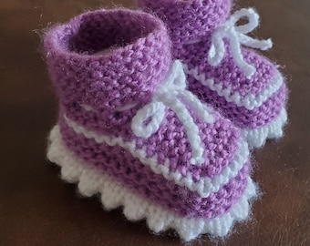 Handmade Knitted Purple Baby Booties with white laces, 0-6 months plus stretchy