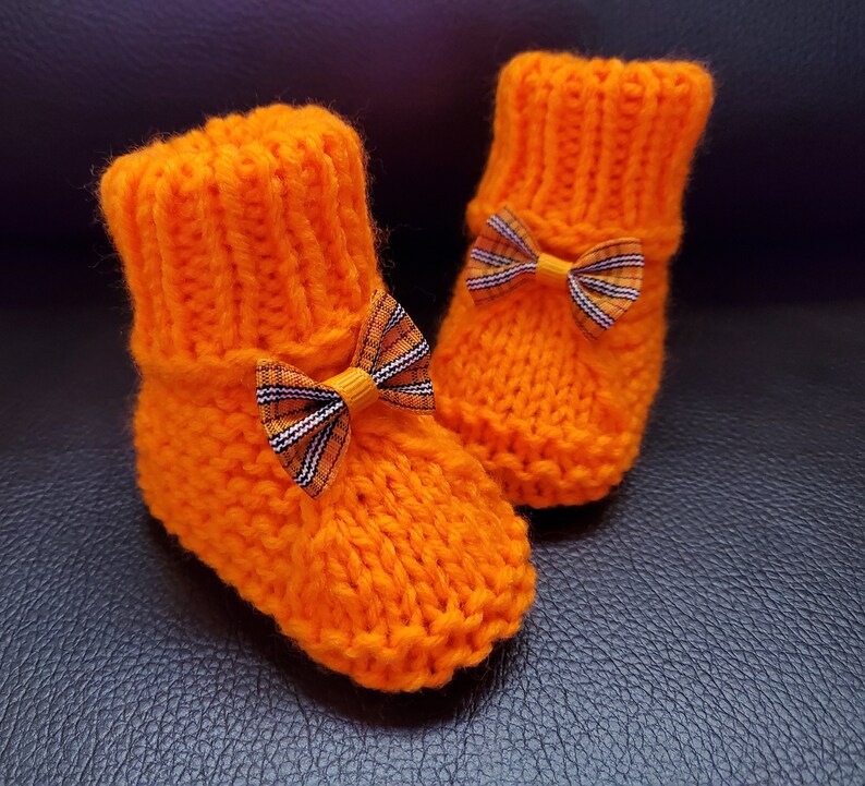different sizes Handmade Knitted Orange Baby Booties with adorable bows
