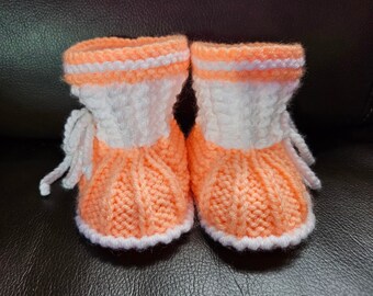 Handmade Knitted Peach Baby Booties with laces, newborn to 6 months plus stretchy