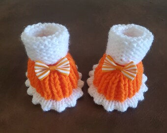 Handmade Knit Baby Booties, Orange & White Bows (0-3 Months)