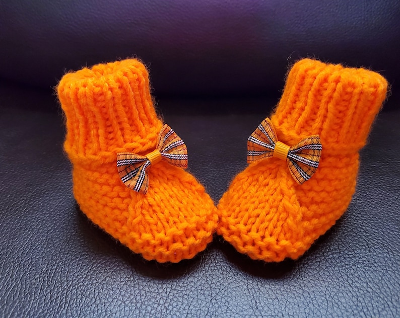 different sizes Handmade Knitted Orange Baby Booties with adorable bows