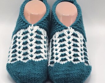 Handmade short green & white adult slippers (socks)