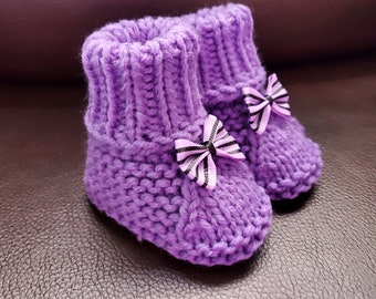 Handmade Knitted Purple Baby Booties with Bows, Newborn Size
