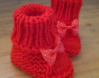 Handmade Knitted Red Baby Booties with adorable bows for newborn