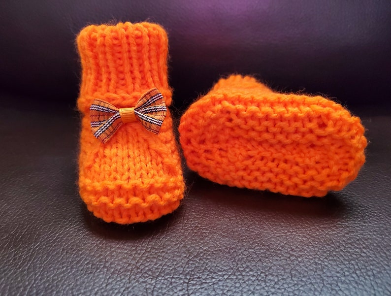 different sizes Handmade Knitted Orange Baby Booties with adorable bows