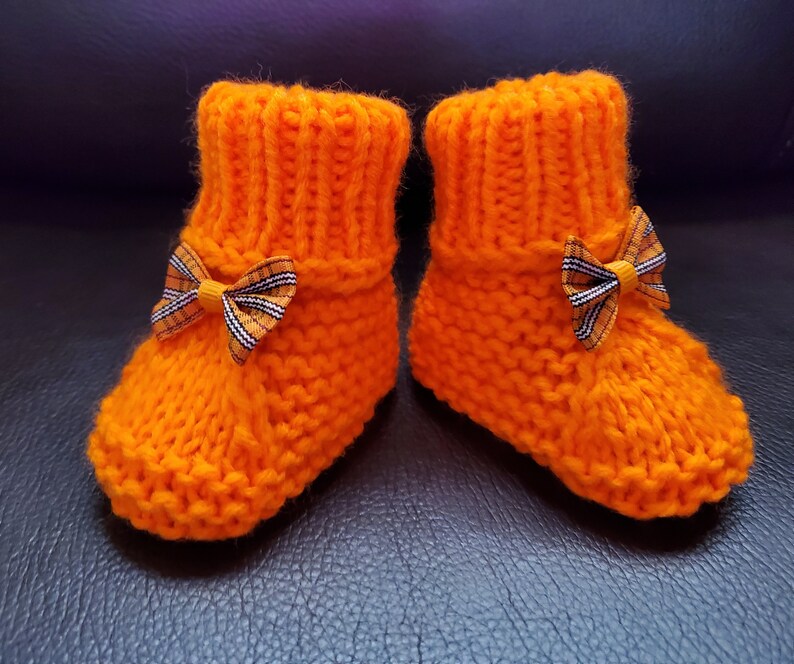 different sizes Handmade Knitted Orange Baby Booties with adorable bows