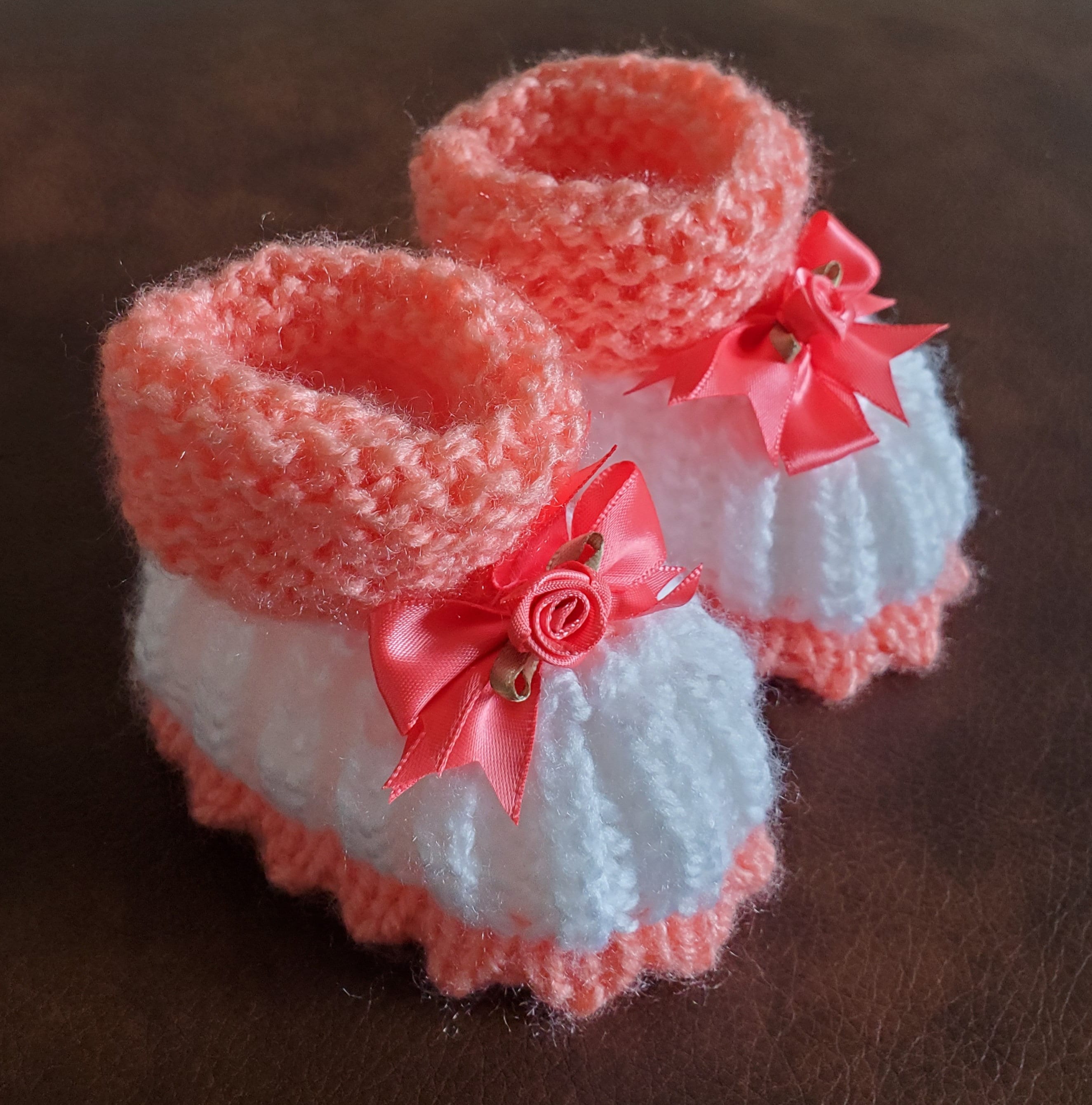 different sizes Handmade Knitted Orange Baby Booties with adorable bows