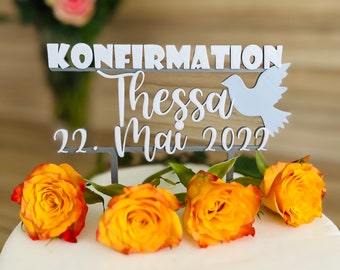 Personalized cake topper "For confirmation" - individual, multicolored with confirmation date and symbol of the dove for confirmation