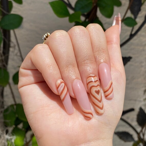 Minimalist nude and brown heart press on nails