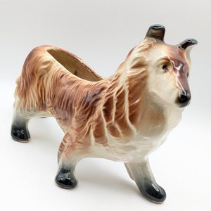 May include: A brown and white ceramic dog planter with black painted details. The dog is in a walking pose with its mouth closed. The planter has a hollowed-out back for planting.