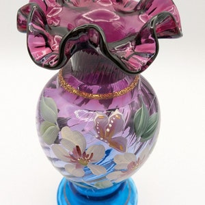 Fenton Art Glass Bill Fenton 50th Anniversary Ruffled Mulberry Ombre Vase Hand Painted by Stacy Allman  Raised Gold Glitter Bands