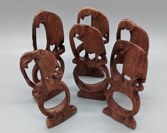 Hand Carved Rustic Wooden Elephant Napkin Rings Vintage Set of 6