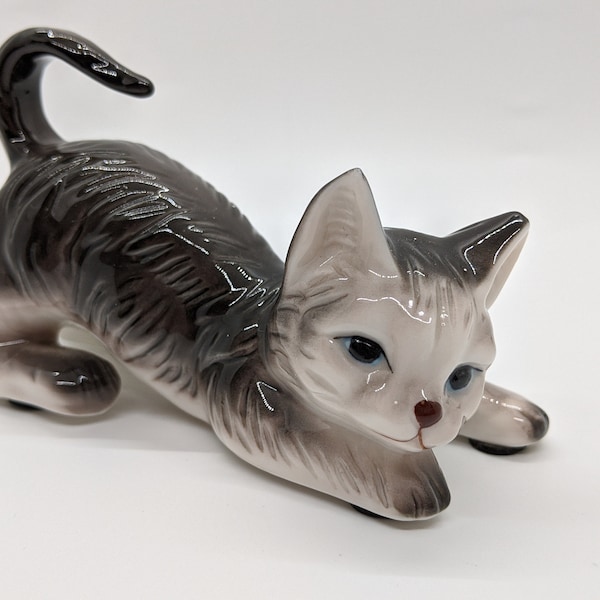 Vintage Handpainted Kitten Figurine Japanese Gray Porcelain Crouching Kitten Stretching Kitten