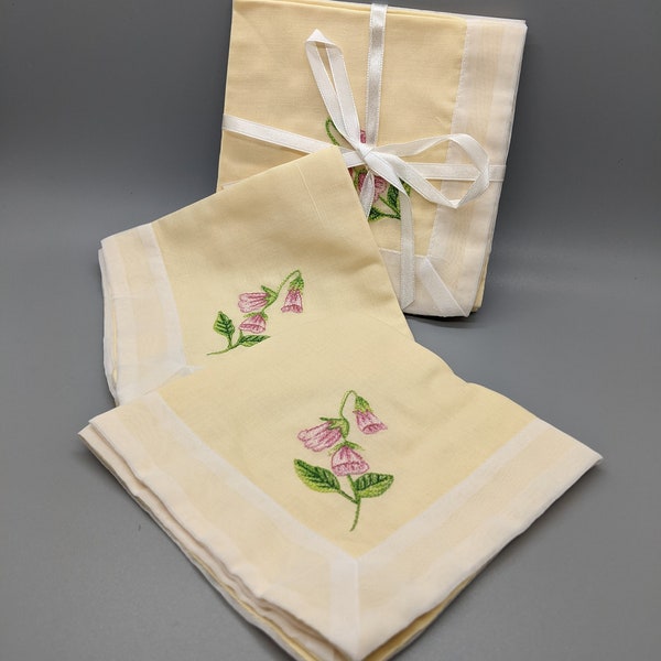 Embroidered Cocktail Napkin Set of 4 Yellow Cotton and White Organza Tea Table Linens New Vintage in Original Packaging