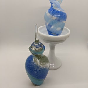 Art Glass Perfume Bottles with Glass Stopper Swirled Shades of Blue and Green Blown Glass Vases