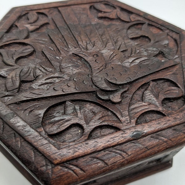 Hand Carved Wooden Dresser Box Stylized Bird Carved Wooden Peacock on Lid