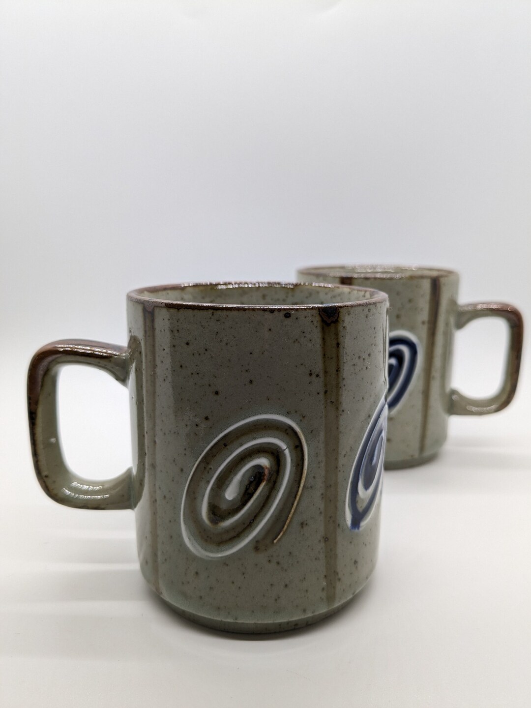 Japanese Stoneware Mugs Swirl and Stripe Motif Set of 2 Navy Brown Gray