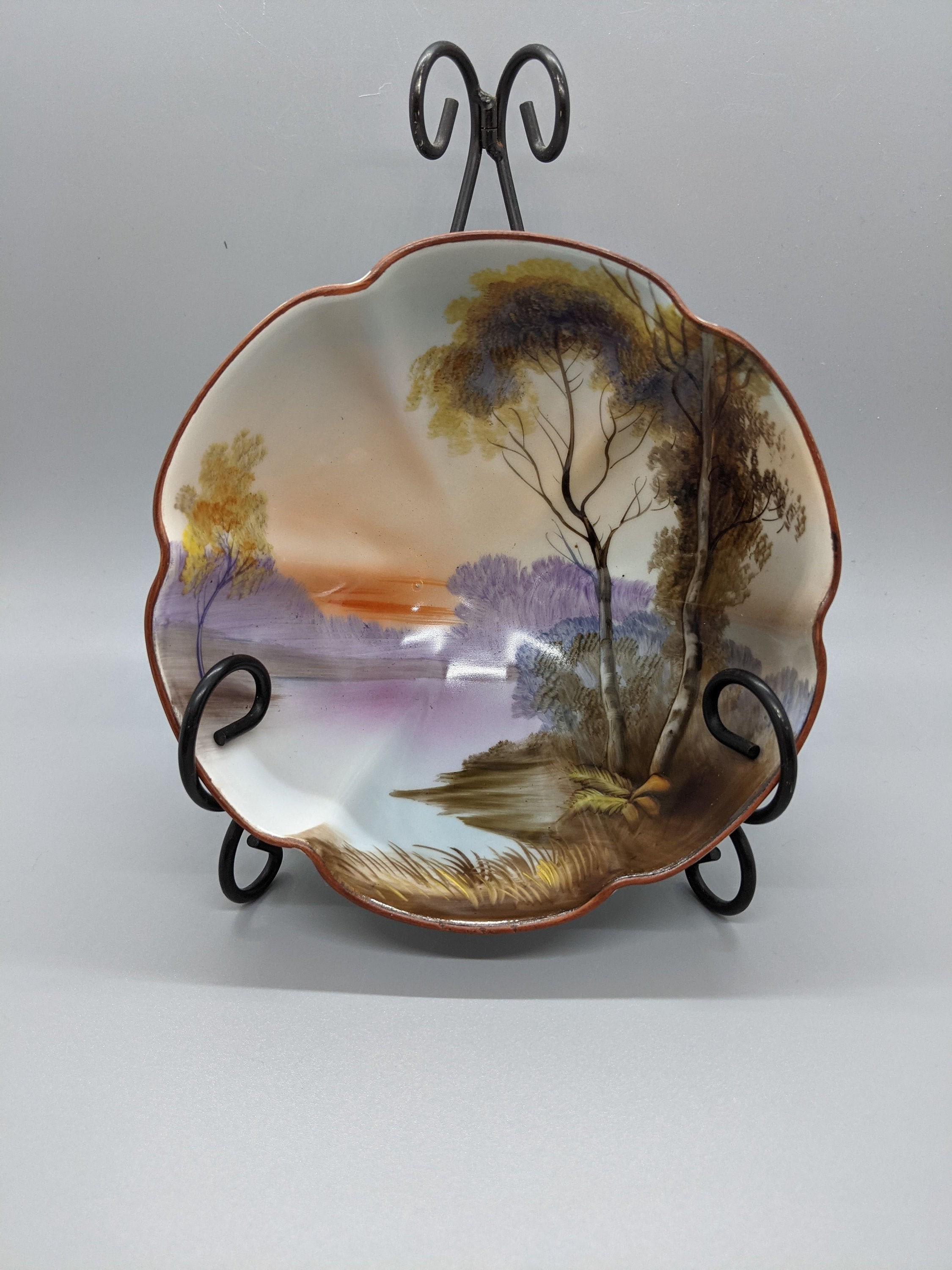 Noritake Hand Painted Footed Bowl Fluted Edges Graceful Trees Etsy