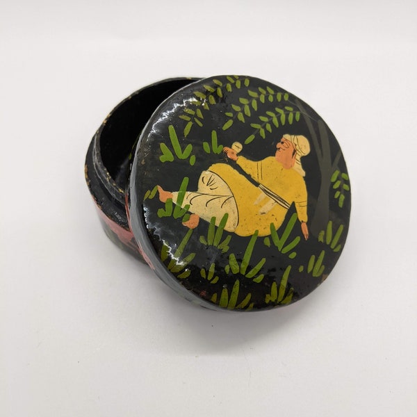 Handpainted Lacquered Trinket Box Reclining Man and Deer Paper Mache Handmade In Kashmir Gift Box Jewelry Box