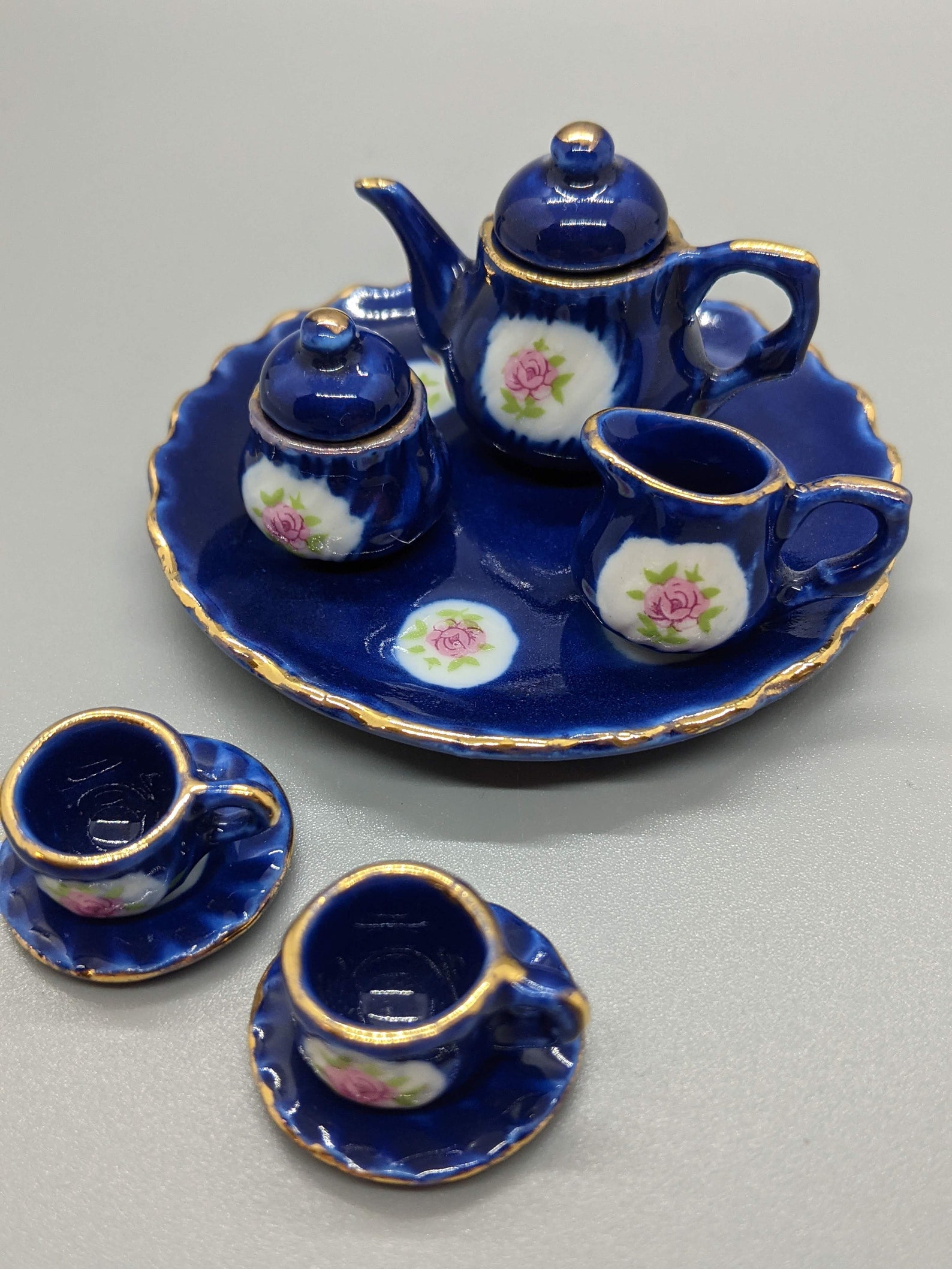 Royal Blue Ceramic Doll House Tea Set Miniature Tea Set Floral Etsy