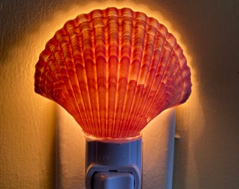 Handcrafted Brown Scallop Shell Wall Plug in Soft Night Light/ Bathroom, Hallway, 4 watts lightbulb.