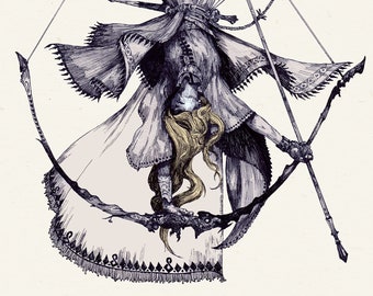 12 THE HANGED WOMAN Tarot illustration Premium Print on 100 lb. Cream Felt paper