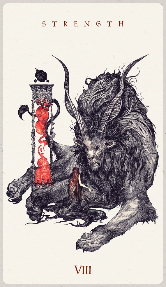 STRENGTH Tarot Card Art Print — Major Arcana, 100lb Cream Felt Paper, Occult Illustration, Numbered Signed, 10x18 Tarot Gift