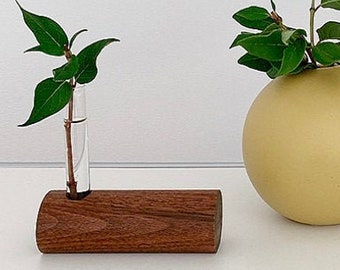 Tiny flower walnut wood vase, mini clear tube holder vases home desk decor gift