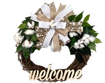 Cotton Boll Wreath, Southern Wreath with Welcome sign, Farmhouse Wreath, Grapevine Wreath, Housewarming gift