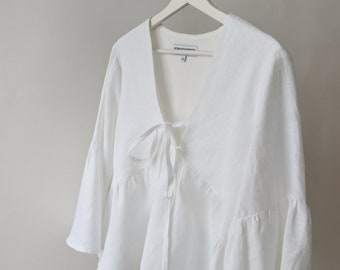 Handgemachte weiße Leinen Bluse, Luftige Ärmel, lockere Sommerbluse, Damenbekleidung, Schlichte Leinen Bluse