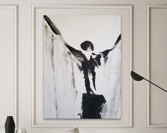 Art de la figure abstraite, art unique en son genre, art abstrait en noir et blanc, peinture en noir et blanc, art abstrait sur toile, oeuvre moderne
