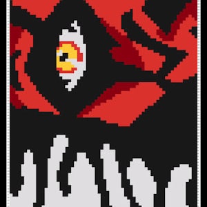 Könnte beinhalten: Pixelige Kunst mit einem roten und schwarzen Monsterauge mit gelber Iris und weißen Highlights. Unter dem Auge tropfen weiße Tropfen vor einem schwarzen Hintergrund. Das Design hat einen digitalen Kunststil.