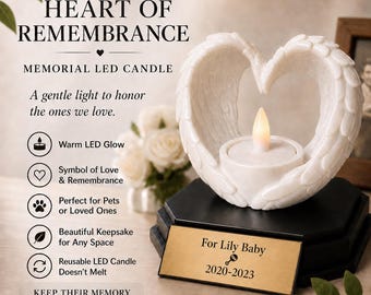 Heart of Remembrance Memorial Day LED Candle – Personalized Plaque Sympathy Gift for Loss of Loved One or Pet, Warm LED Keepsake