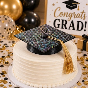 Könnte beinhalten: Ein weißer Kuchen mit einer Abschlusskappe. Die Kappe ist schwarz mit einem schimmernden Muster und einer goldenen Quaste. Der Kuchen ist mit goldenem Konfetti und einem Schild mit der Aufschrift "Congrats GRAD!" verziert.