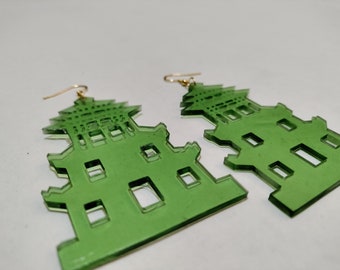 Pagoda Dangle Earrings | Jade Green Resin Asian Style