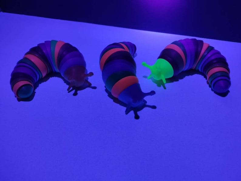 May include: Three colorful, segmented slug toys with a neon green slug. The slugs have a rainbow of colors including orange, purple, and green. The toys are on a blue surface.